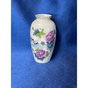 Miniature White Porcelain Vase Accented Purple Flower with Ducks
